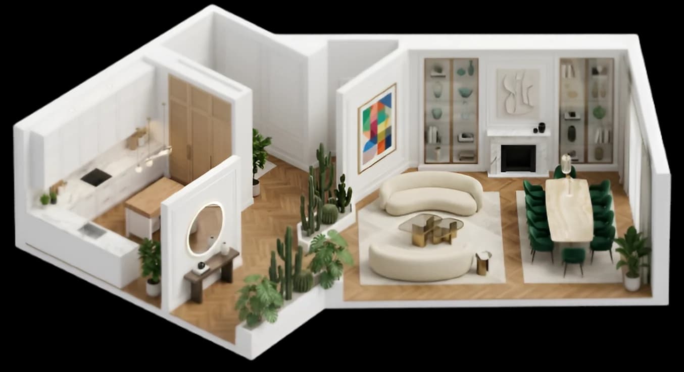 Rendu 3D d'un appartement meublé, vue en coupe