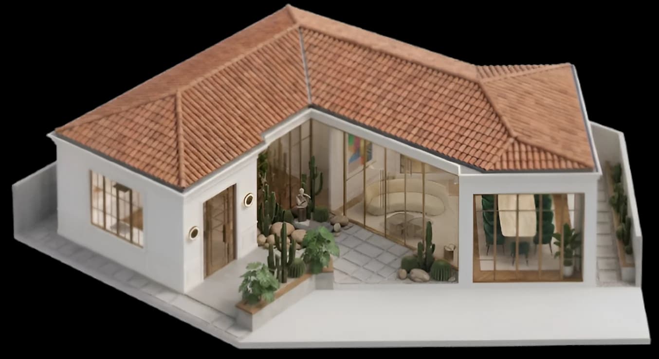 Rendu 3D d'une villa en L avec toiture en tuile